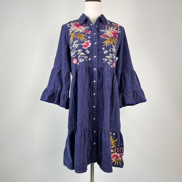 NWOT Johnny Was Emiko Tiered Embroidered Corduroy 3/4 Sleeves Dress Oversized S - Picture 2 of 15